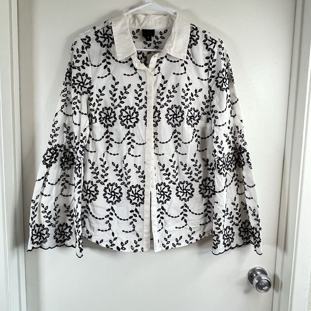 Worthington Womens Blouse White with Black Eyelet Trim Long Bell Cuff Sleeves XL